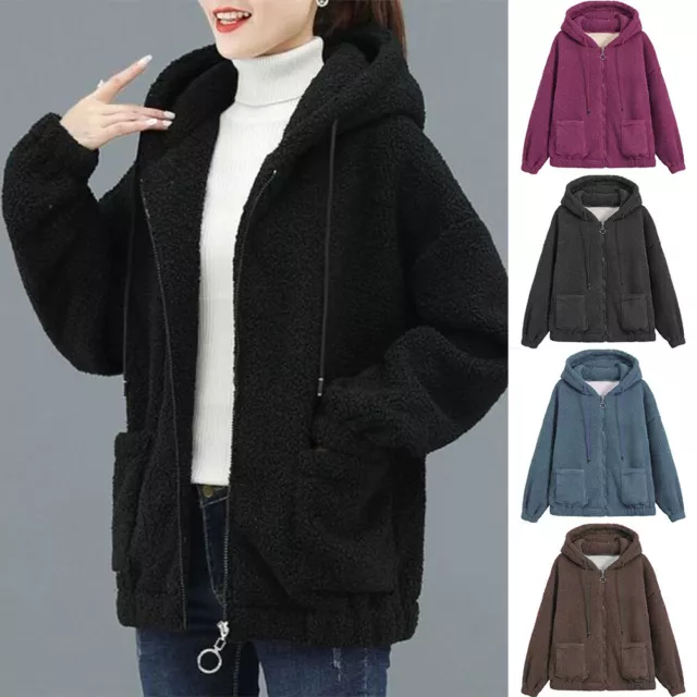 Womens Teddy Bear Fleece Hoodie Ladies Casual Baggy Zip Up Hooded Jacket Coat