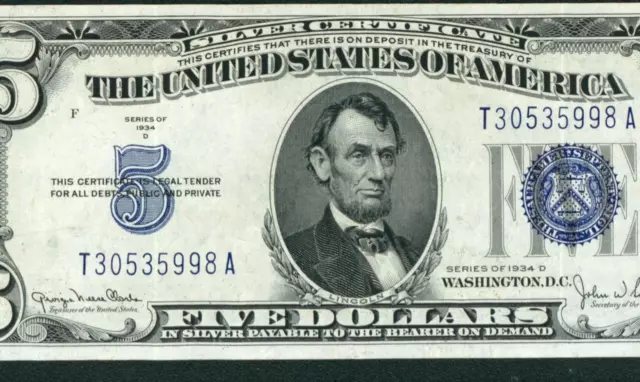$5 1934 D ((HIGHER GRADE VF+++)) Silver Certificate DAILY CURRENCY AUCTIONS