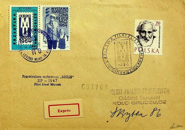 POLAND 1964 20 YEARS OF PHILATELIC EXHIB PAIR LABEL+ 2.50z USED ON EXPRESS COVER