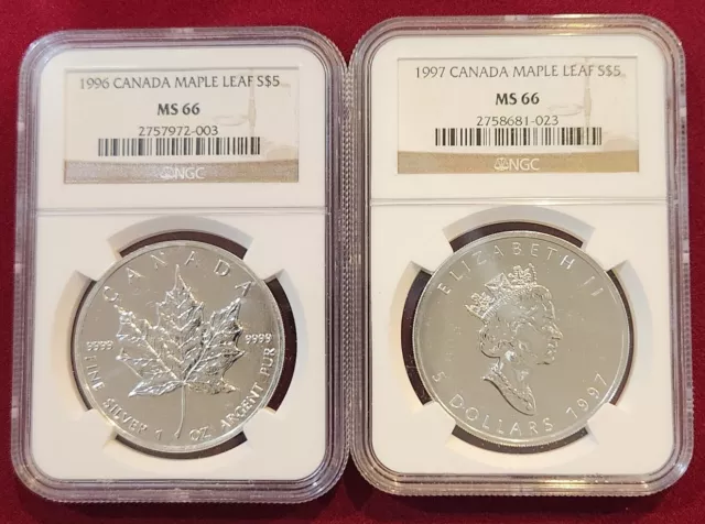 1996 & 1997 Canada Maple Leaf 1 oz ~ NGC CERTIFIED: MS 66