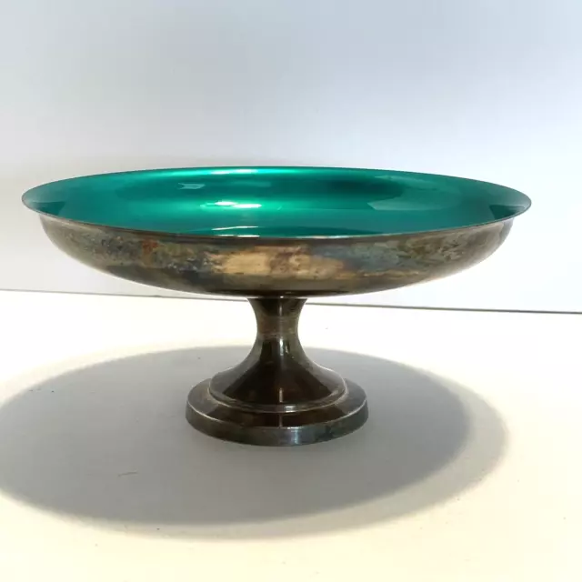 Silver Plate Green Enamel Pedestal Compote Candy Dish Nut Bowl 2 7/8" Tall