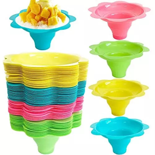 100 PCS Snow Cone Cups,Flower Shaped Shaved Ice Cups,4 OZ Plastic Snow Cone