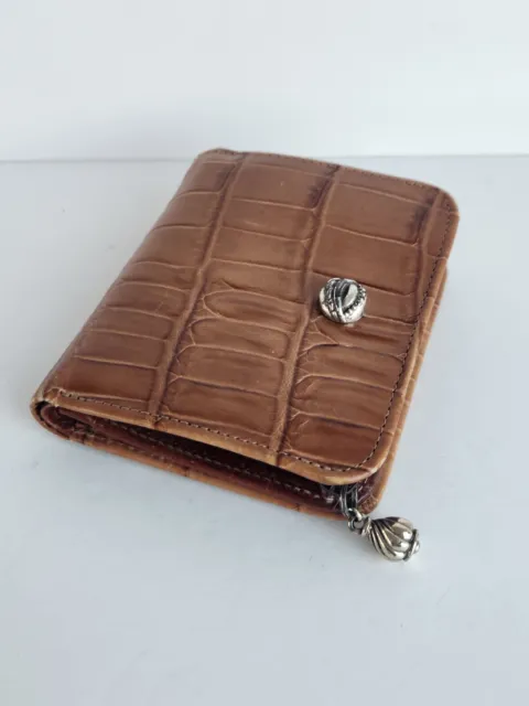 Brighton Brown Tan Croc Embossed Leather Bifold Wallet Small Key Heart Medallion