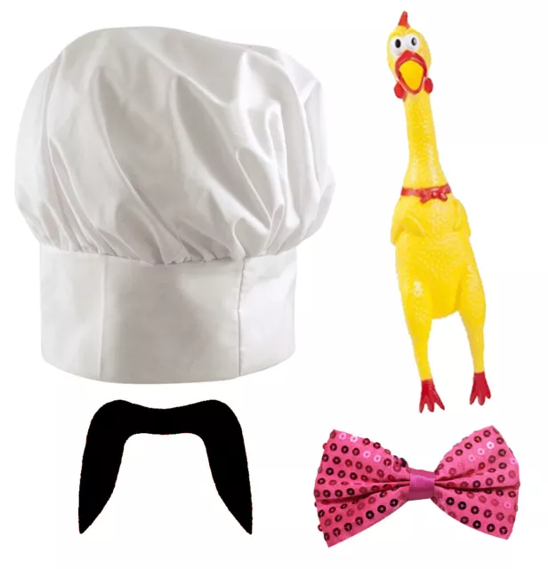 Swedish Chef Costume Set 70S 80S Mens Fancy Dress Hat Moustache Bow Tie Kit