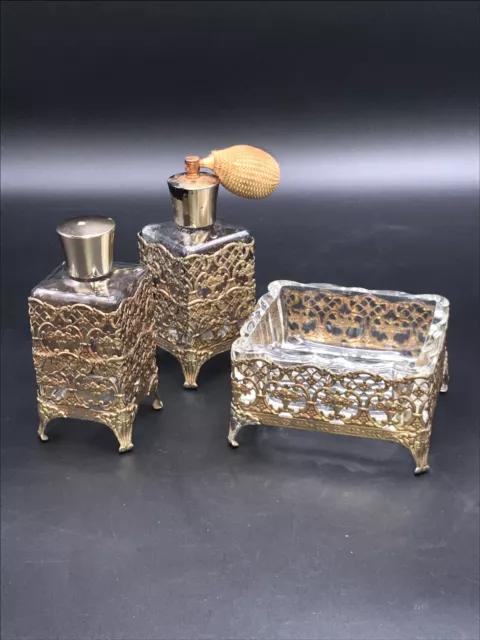 Vintage Brass Filigree & Glass Atomizer & Splash with Trinket Box 3 pieces READ!