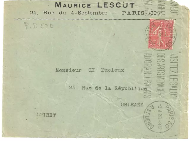 perforé PD 50 sur devant d'enveloppe de LESCUT Paris 2ème