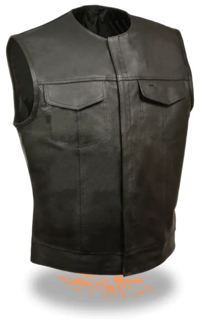 SOA Men's Anarchy Style Leather Club Cut Vest Collarless Version -  Gun Pocket