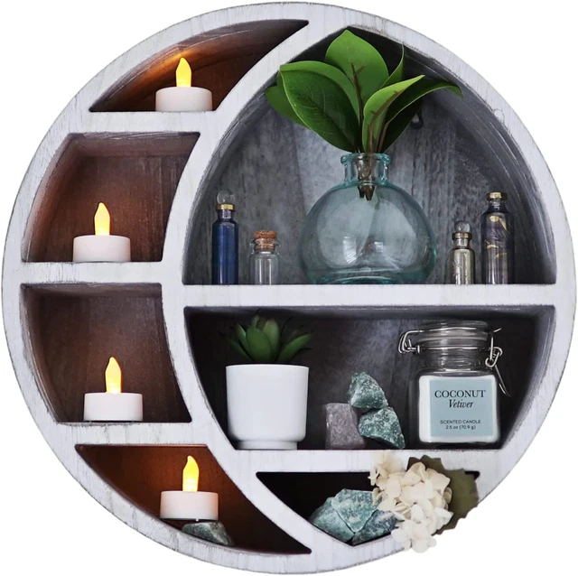 Moon Shelf Rustic White - Floating Wall-Mounted 14" X 3.5" Wooden Crescent Moon