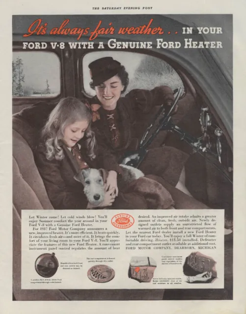 Always fair weather with Ford V-8 Genuine Ford Heater ad 1936 P