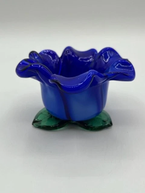 Hand Blown Art Glass Floral Candle Holder Cobalt Blue Flower Green Leaf Base