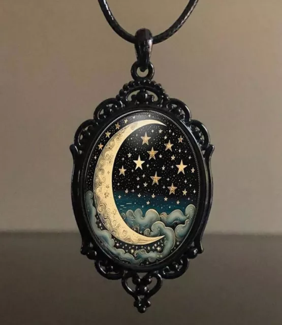 Collana Donna Stile Gotico Luna E Cielo Stellato nero elegante punk stelle