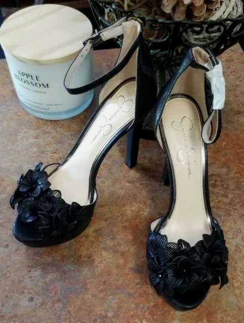 Women's Jessica Simpson Mayfaran Stiletto Heels, Black Floral Applique 8.5 Nwob