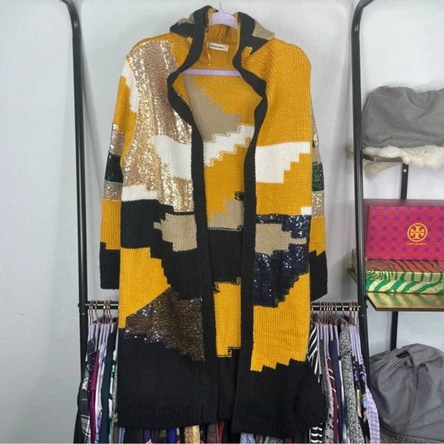 Francis Cabrel Knit Sequin Aztec Blanket Hooded Open Duster Sweater