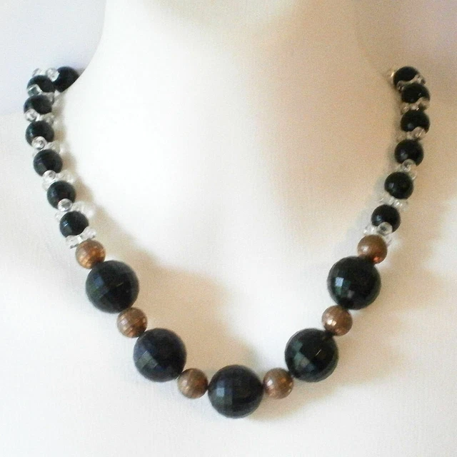 vintage costume jewellery black bronze & crystal look resin bead necklace #1026A