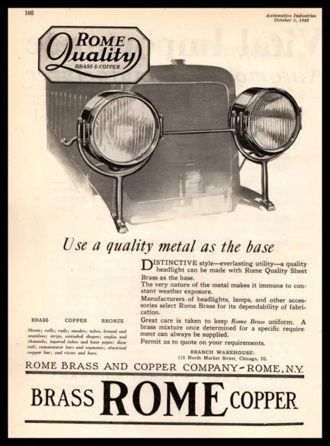 1922 Rome Brass & Copper Co Rome New York Automotive Headlights Vintage Print Ad