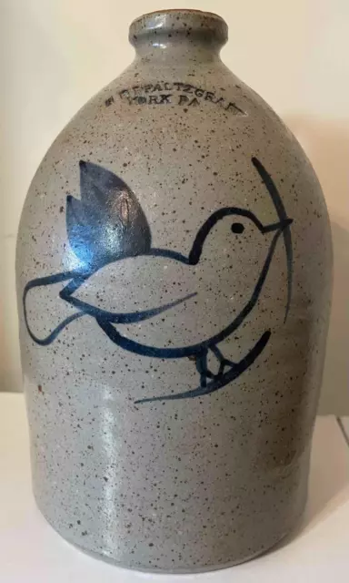 1991 H B Pfaltzgraff Salt Glaze Stoneware Jug Crock Blue Bird York Pa Signed