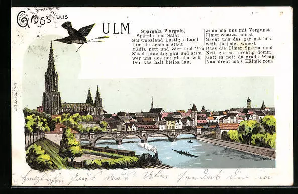 Künstler-AK Ulm, Uferpartie mit Münster und Ulmer Spatz 1905