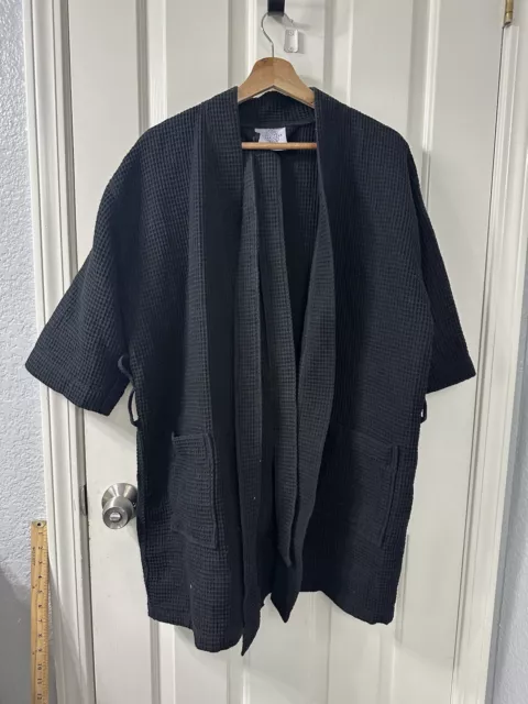 CHAKR Linen Bath Belted Robe Black Waffle Weave Cotton Blend Spa Bath Size L