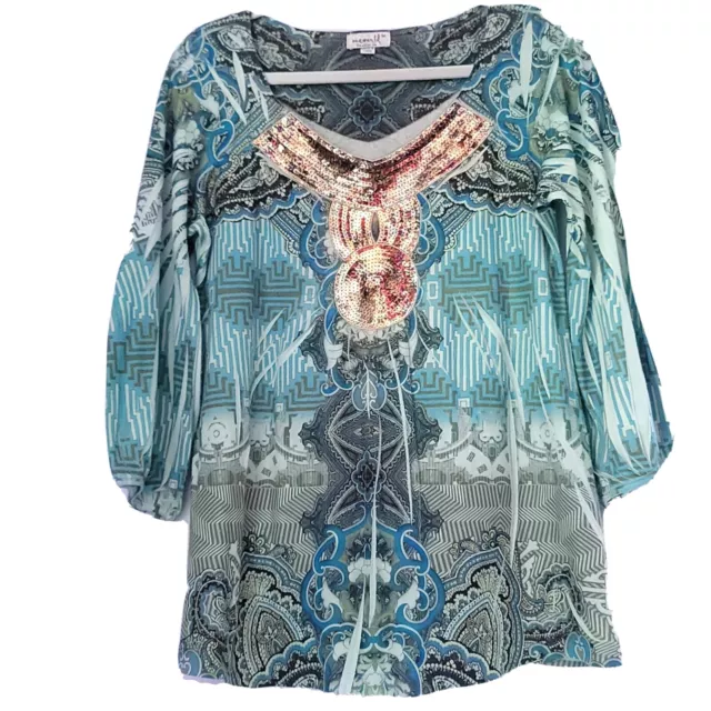 One World Sz Medium Pullover Top 3/4 Sleeves V Neckline Shirt Blouse