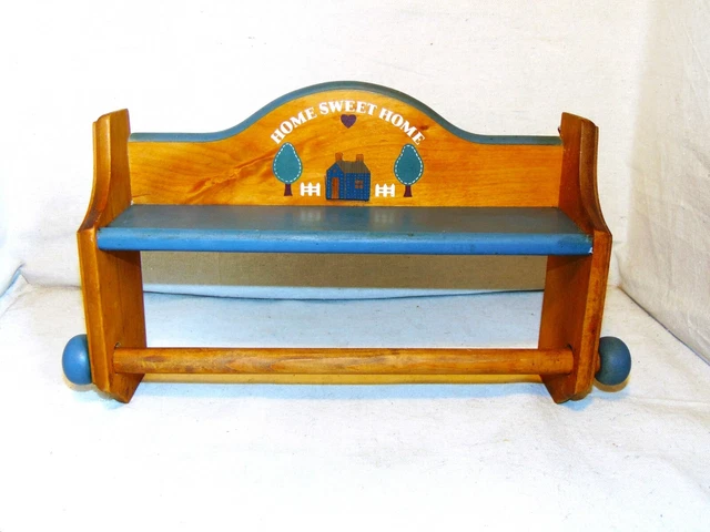 rustic handmade folk art "Home Sweet Home" 15.5" wood paper/hand towel rack euc