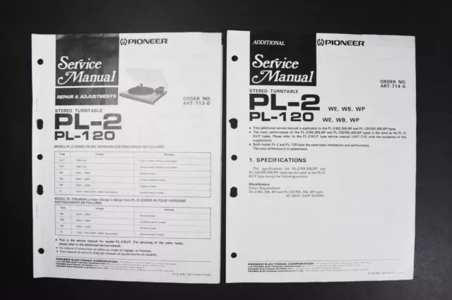 Pioneer PL-2 PL-120 Stereo Turntable Service Manuals - Genuine Original
