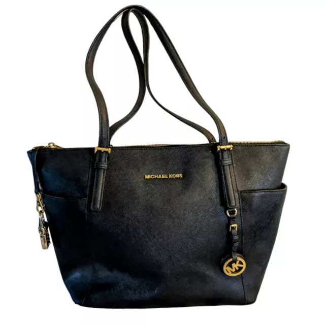 Michael Kors Jet Set Saffiano Tote Black Leather Signature Large Satchel Handbag