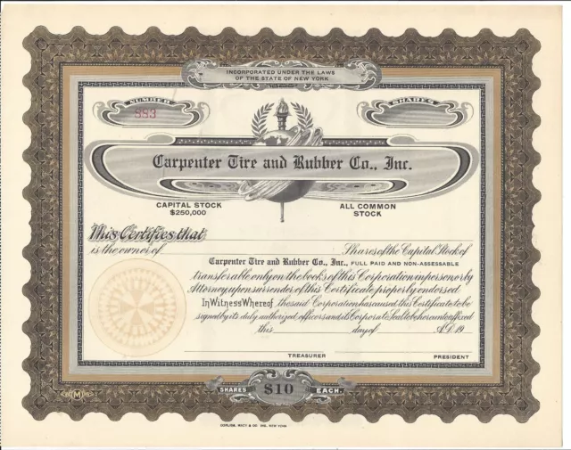 Carpenter Tire And Rubber Co. Inc.....unissued Stock Certificate