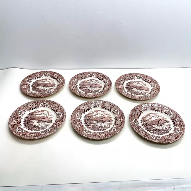 6 X Vintage Brown Transferware English Ironstone Side Plates With Scenic View