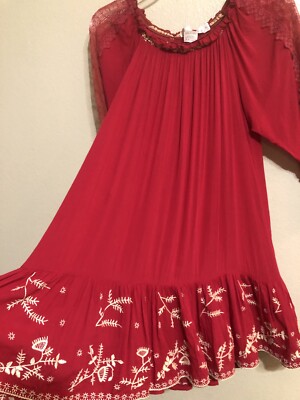 URBAN MANGO Womens S Ruffle Lace TUNIC Dress Red Embroidered Beaded