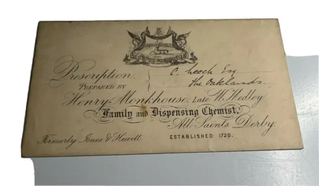 Antique Prescription Envelope  Henry Monkhouse Chemist Derby Mr C Leech
