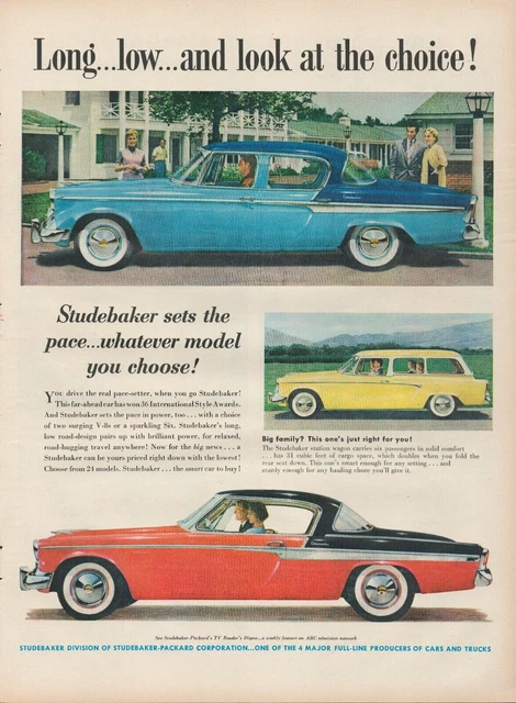 1955 Studebaker Commander Station Wagon Automobile Car Blue Yellow Red Print Ad