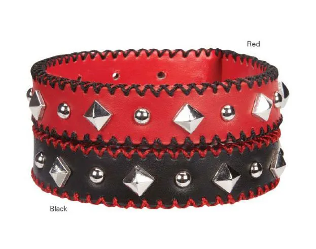 Zack & Zoey Pop Stitch Dog Collars Pet Collar Leather Black Red studs
