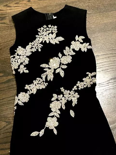 Oscar De La Renta Crystal Embroidered Black Floral Midi Cocktail Dress US 2 4 6 2