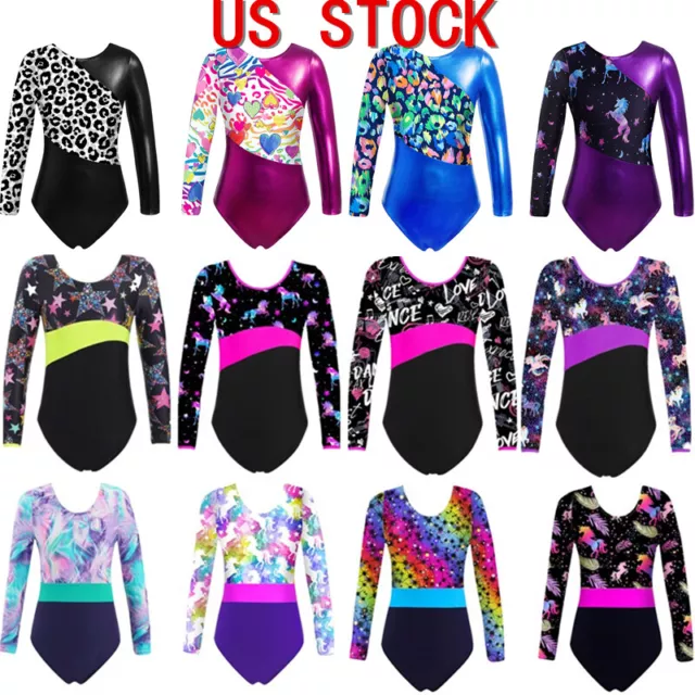 US Kids Girls Sparkly Printed Leotards Gymnastics Bodysuits Ballet Dancewear