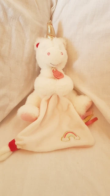 doudou peluche licorne + mouchoir blanc rose arc en ciel doré or BABY NAT - NEUF