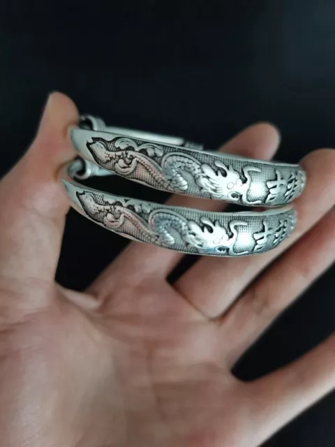 A Pair Exquisite Old tibet silver handmade Dragon & Phoenix Bracelets 49