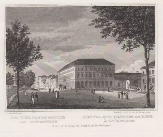 Wiesbaden Hotel Cuatro Estaciones Original Grabado de Acero Humo 1838