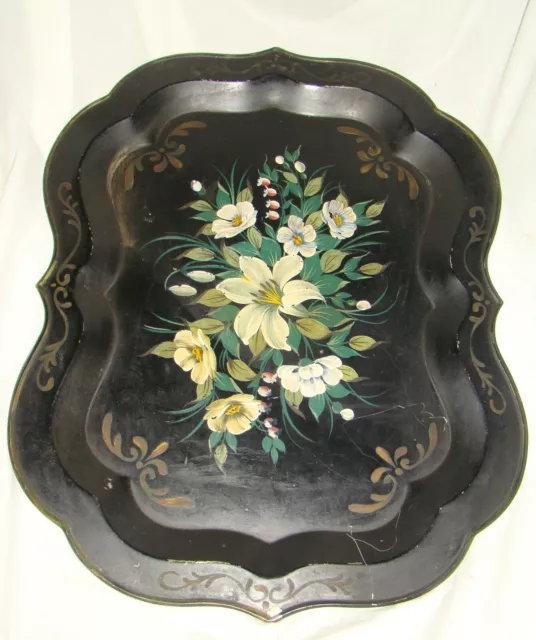 Vtg Hand Painted FLOWERS White Lily Black 24.5" Metal Toleware Tray