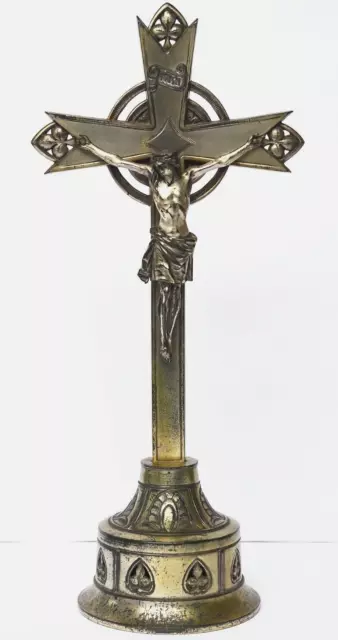 Altarkreuz Standkreuz Kreuz Zinn versilbert um 1900 Höhe 45 cm