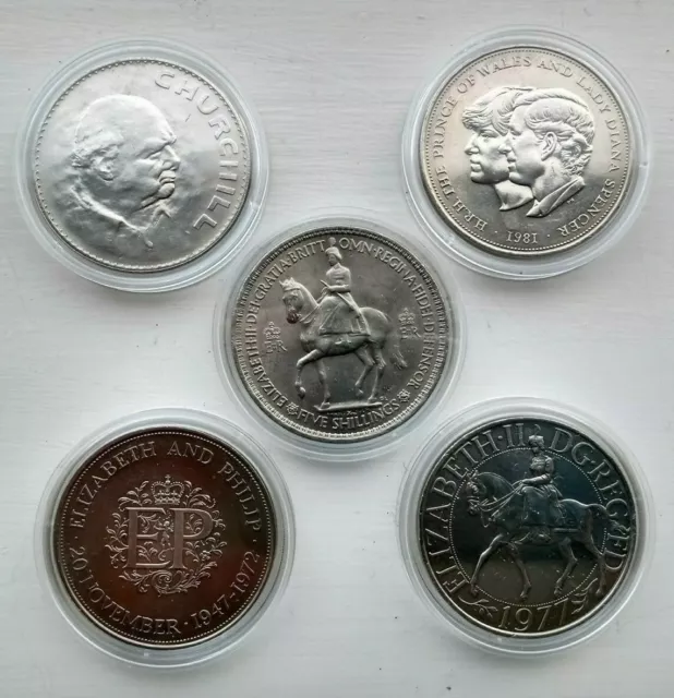 5 x Capsuled Commemorative Crowns / Coins CHURCHILL CORONATION JUBILEE WEDDING
