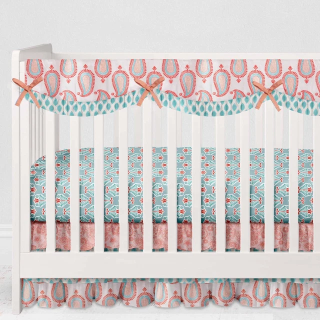 Long/Small Crib Rail Guard Covers Cotton Paisley Sophia Coral/Aqua