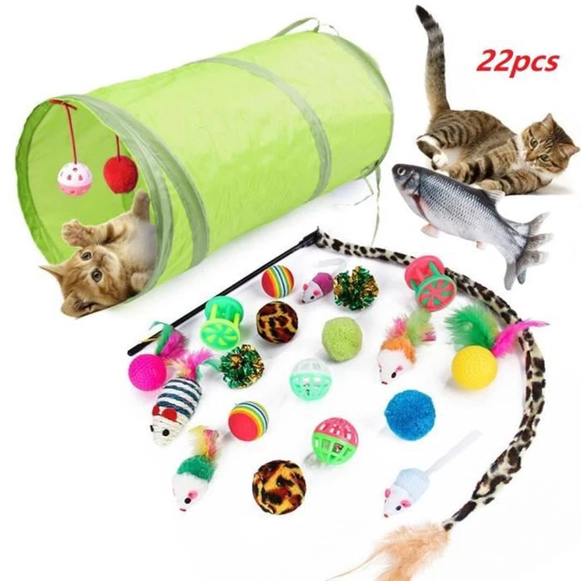 22 pièces chat jouets Tunnel poisson balles souris cloches pour chaton