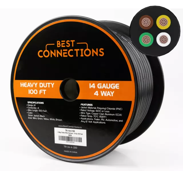 BEST CONNECTIONS Heavy Duty 14 Gauge 4 Way Trailer Wire (100 Feet)