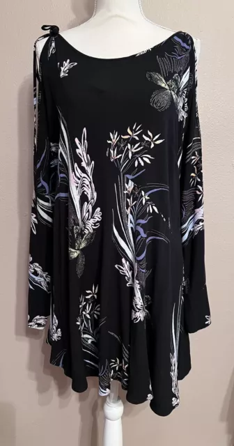 Free People Size M Women’s Black Floral Clear Skies Cold Shoulder Tunic Dress