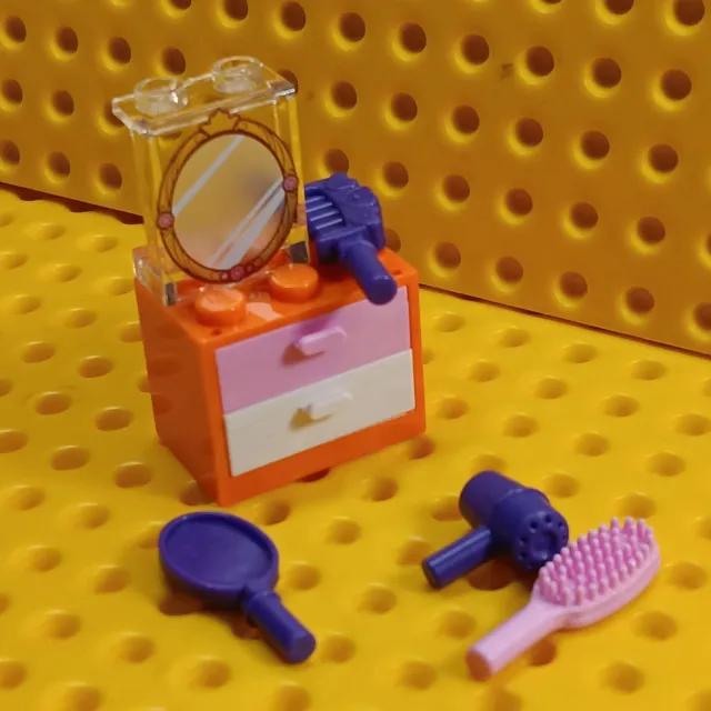 LEGO Dresser Mirror 2 Drawer Orange Pink Hair Care Set Blow Dryer Comb Brush