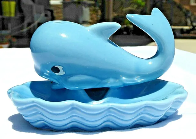 Vintage Whale Blue Ceramic Trinket Dish Soap Dish Very Cute Euc