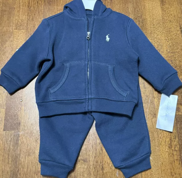 NEW Ralph Lauren Baby Boy Navy Blue Pony Sweatsuit  Outfit Hoodie 6 Months 6M