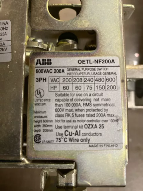 Abb Safety Disconnect Switch Oetl-Nf200A 600 Volt 3-Phase 200 Hp 315 Amp