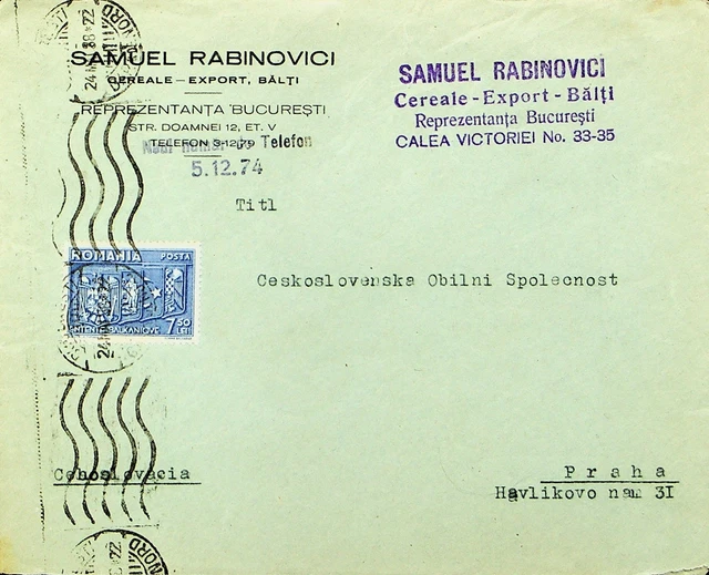 Romania 7.50 Lei On Cover From Bucharest To Praha Czech