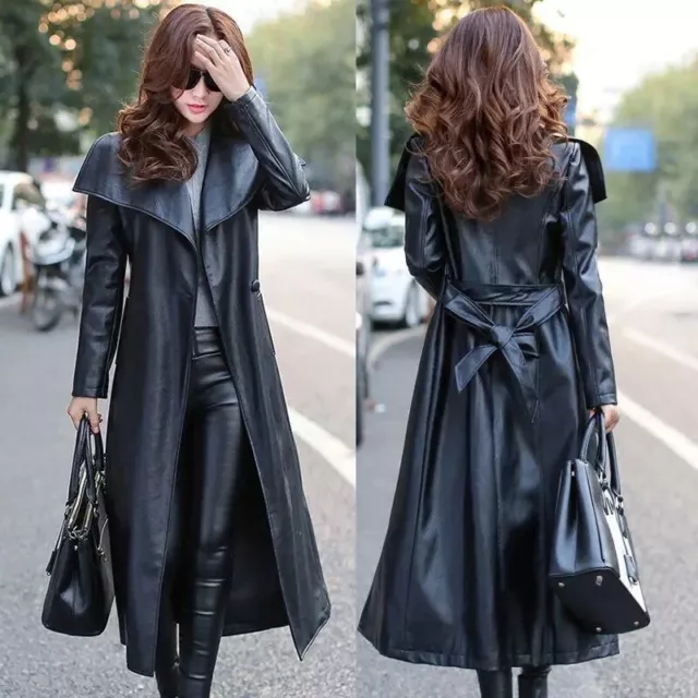 Black Leather Trench Coat Women's Genuine Lambskin Winter Long Overcoat Jacket